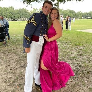 Pleated chanteuse halter gown w belted waist MAGENTA HOT PINK GOWN